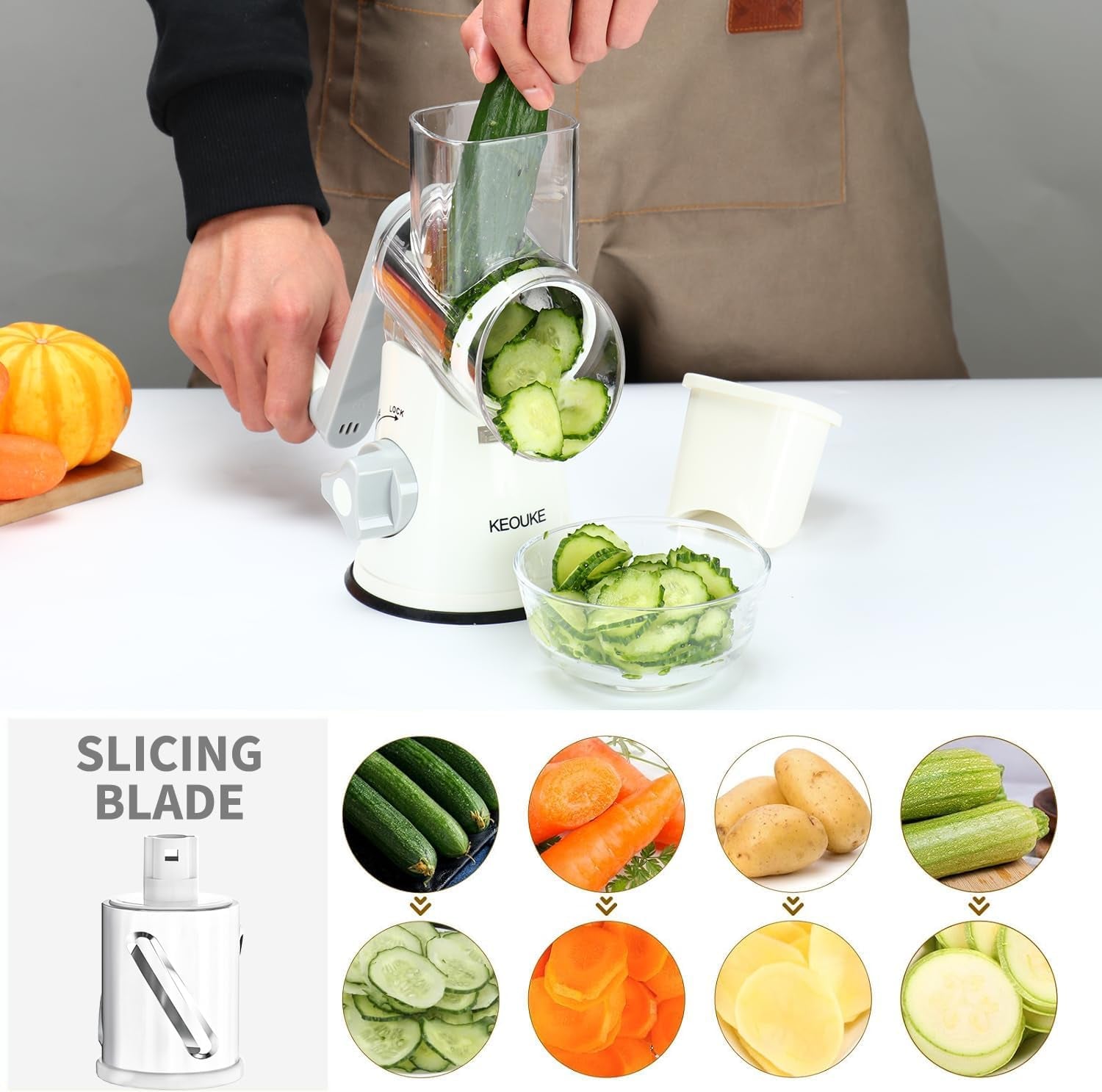 Rotary Cheese Grater Hand Crank Cheese Shredder for Fresh Cheese, Vegetable, Nuts,Non-Slip Suction Base,Three Blades,White