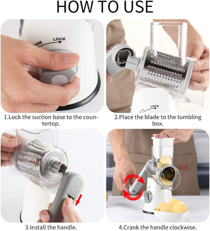 Rotary Cheese Grater Hand Crank Cheese Shredder for Fresh Cheese, Vegetable, Nuts,Non-Slip Suction Base,Three Blades,White