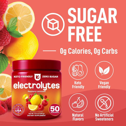 Electrolytes Powder – Raspberry Lemonade Flavor 50 Servings – No Sugar Hydration Supplement with Magnesium, Potassium, Sodium – Keto, Vegan, Fasting-Friendly, Zero Calorie Electrolyte Drink