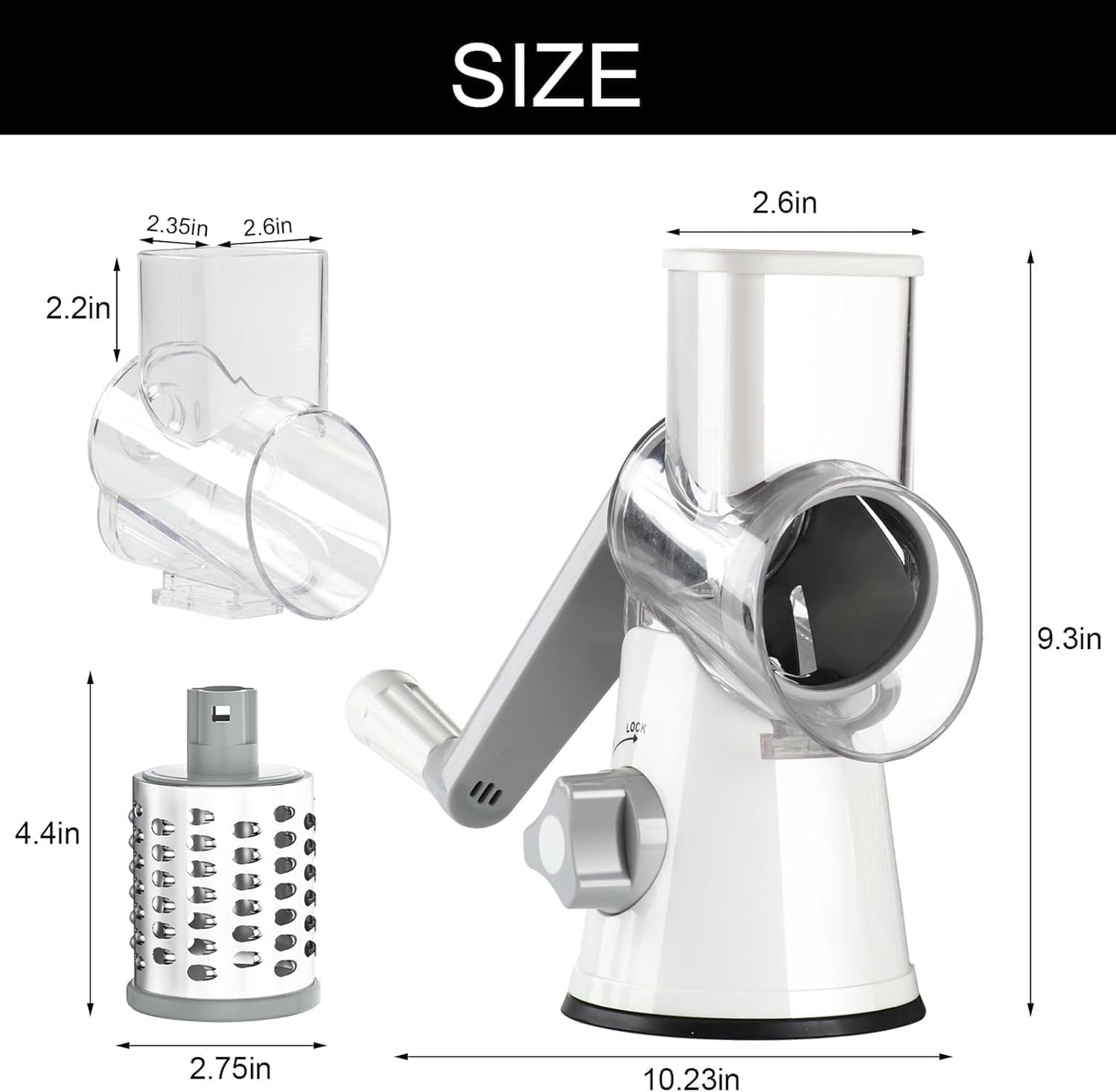 Rotary Cheese Grater Hand Crank Cheese Shredder for Fresh Cheese, Vegetable, Nuts,Non-Slip Suction Base,Three Blades,White